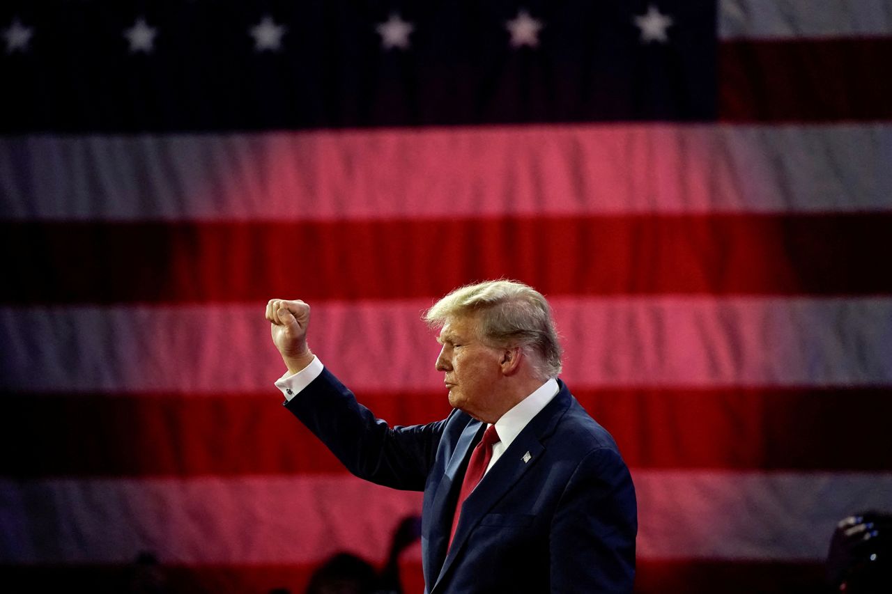 Former President Donald Trump gestures after addressing the Conservative Political Action Conference annual meeting in National Harbor, Maryland, on February 24. 