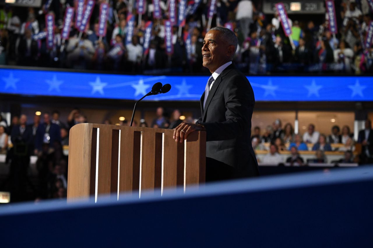 Former President Barack Obama delivers a speech at the Democratic National Convention on Tuesday, August 20.