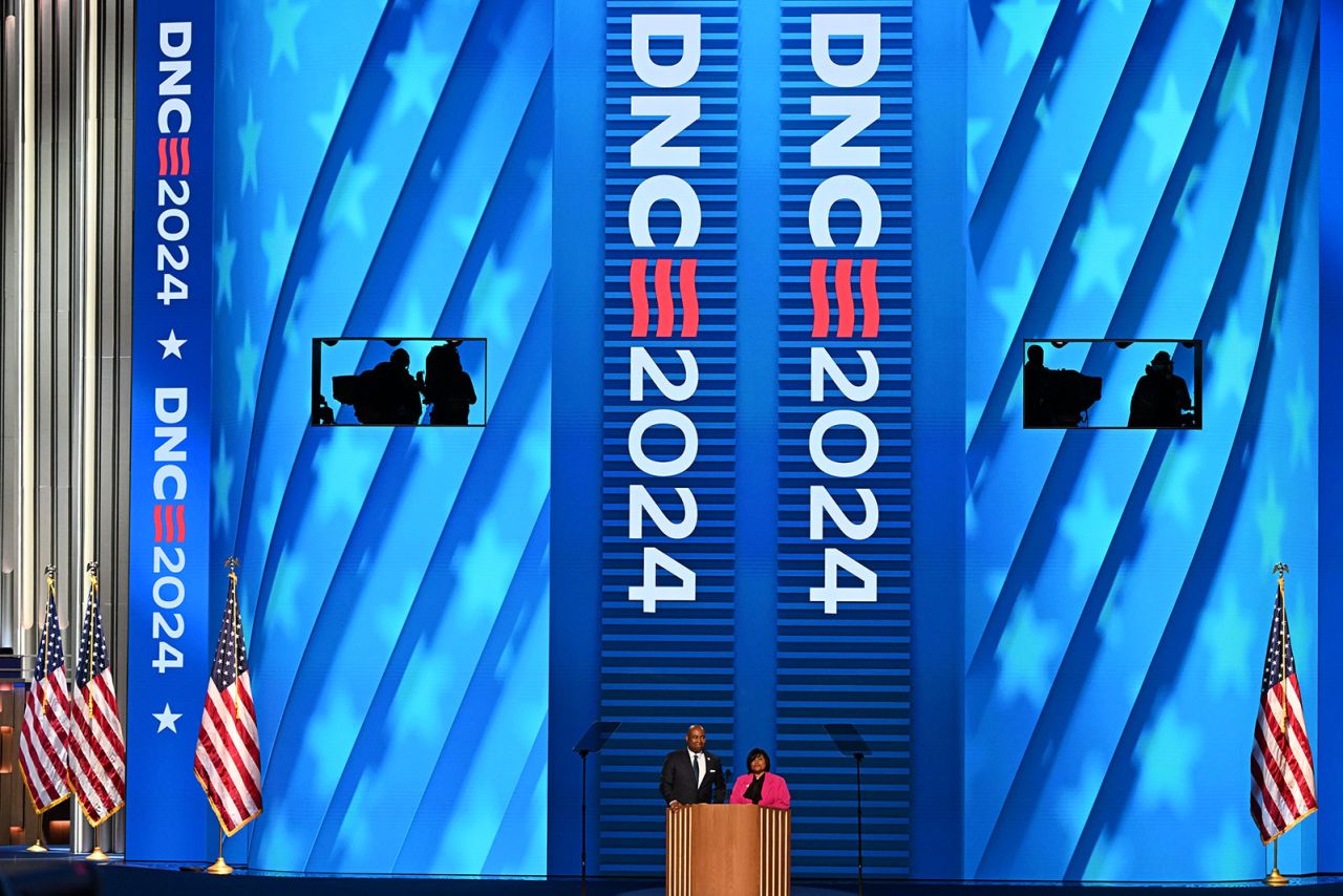 A view of the stage as the first night of the Democratic National Convention kicks off in Chicago, on Monday, August 19.