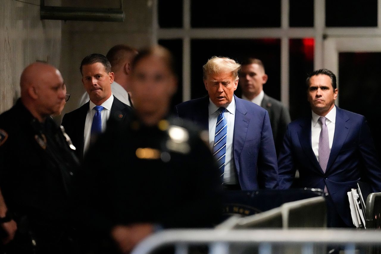 Former President Donald Trump arrives at Manhattan criminal court, Tuesday, April 16, in New York.