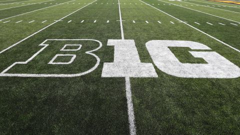 In this August 31, 2019 file photo, the Big Ten logo is displayed on the field before an NCAA college football game between Iowa and Miami of Ohio in Iowa City.