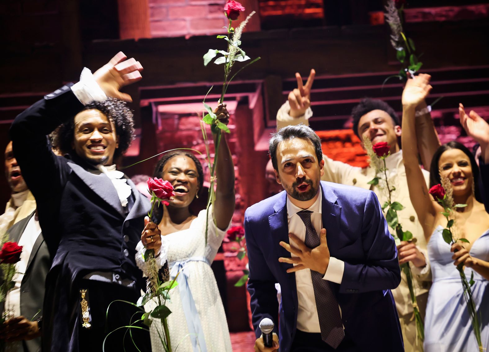 Miranda takes a bow alongside the cast after the premiere of "Hamilton" in Hamburg, Germany, in 2022. It was the first non-English production of the show.