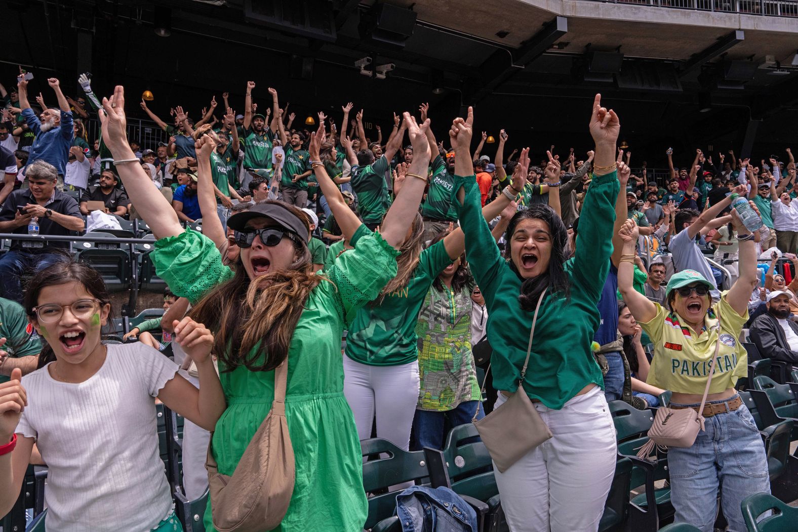 Cricket fans, attending a watch party at New York’s Citi Field, react as Pakistan takes a wicket against India during a T20 Cricket World Cup match on Sunday, June 9. <a href="https://www.cnn.com/2024/06/09/sport/t20-cricket-world-cup-pakistan-india-spt-intl/index.html">India went on to win the match in dramatic fashion</a>.