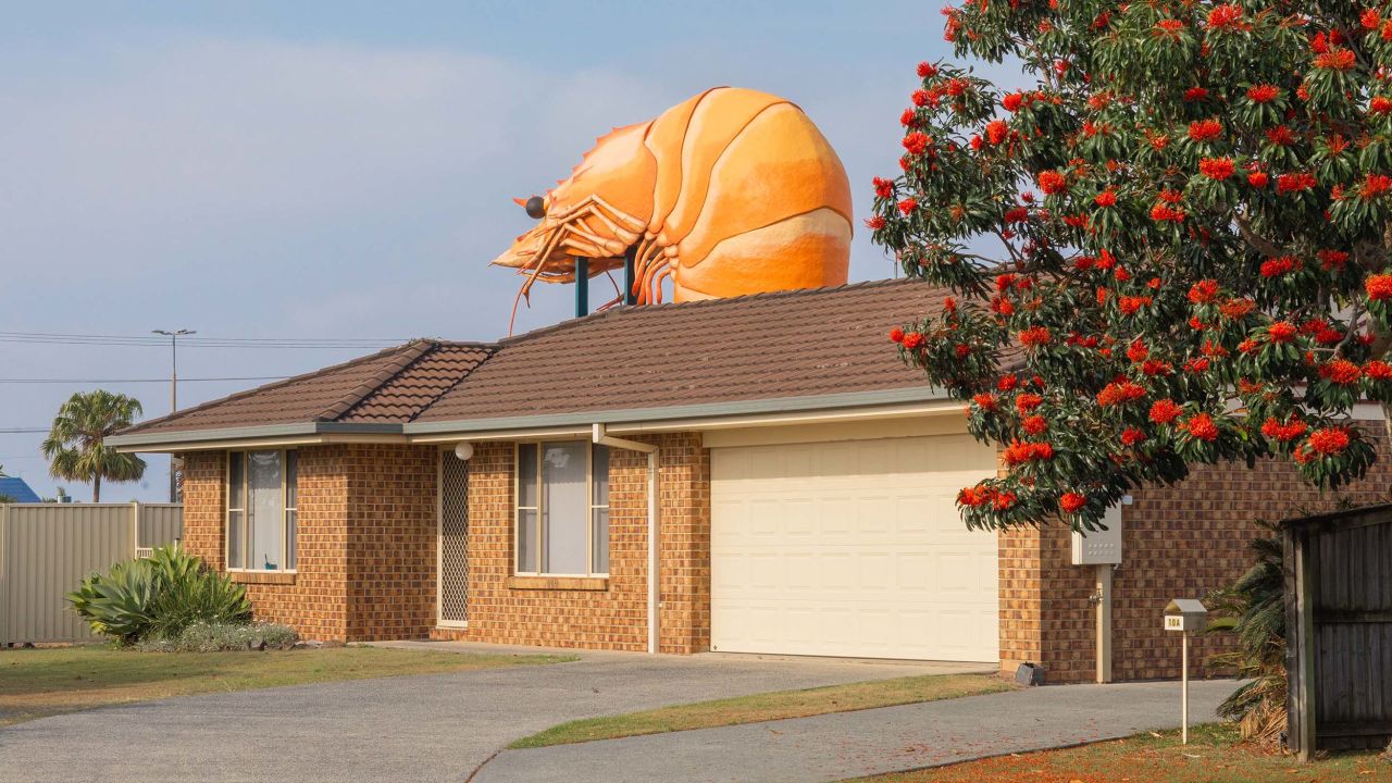 A general view of the iconic Ballina Prawn outside the Bunning's store on October 08, 2025 in Ballina, Australia. The Ballina Prawn is part of a collection of "Big Things" found across Australia.