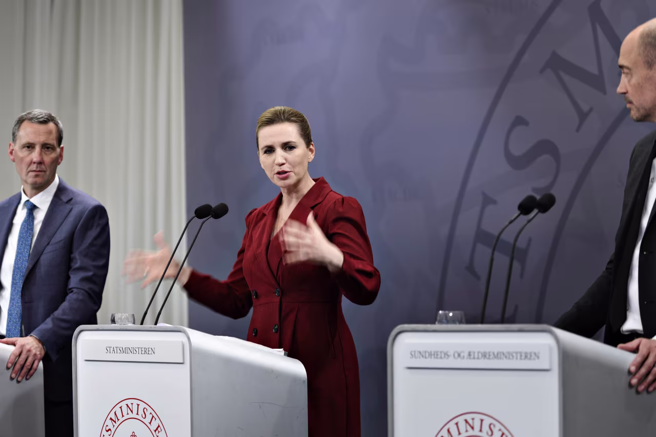Danish Prime Minster Mette Frederiksen, center, speaks during a press conference in Copenhagen, Denmark, on May 12.