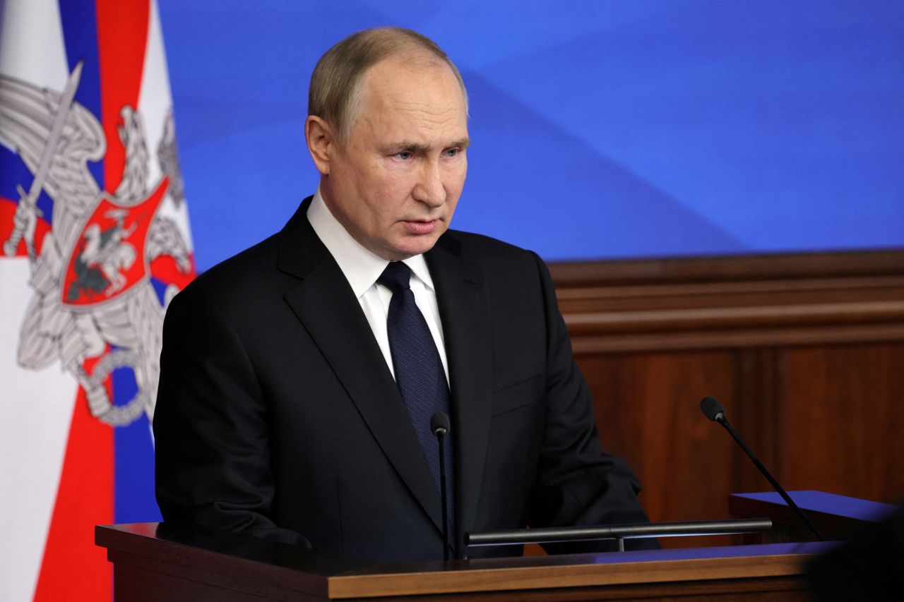 Russian President?Vladimir?Putin?delivers a speech during an annual meeting of the Defence Ministry Board in Moscow, Russia on Wednesday.