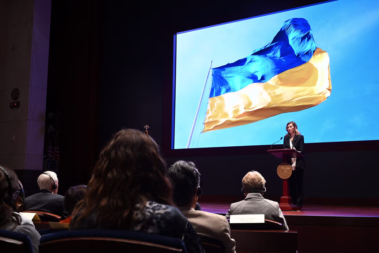 Ukrainian First Lady Olena Zelenska speaks to members of the US Congress about Russia's invasion of Ukraine, in the US Capitol Visitors Center Auditorium on July 20 in Washington, DC.
