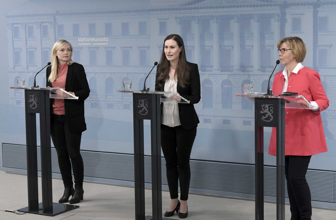 From left: Finnish Interior Minister Maria Ohisalo, Prime Minister Sanna Marin and Justice Minister Anna-Maja Henriksson attend a press conference in Helsinki, Finland, on April 15.