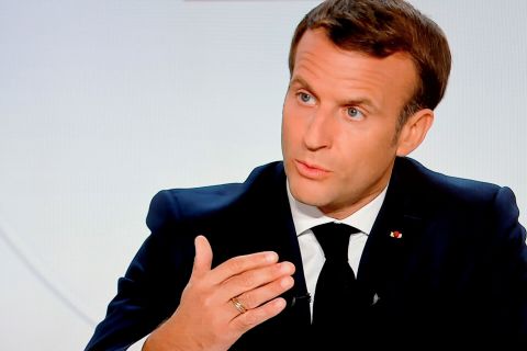 French President Emmanuel Macron addresses the nation during a televised interview from the Elysee Palace on October 14 in Paris.