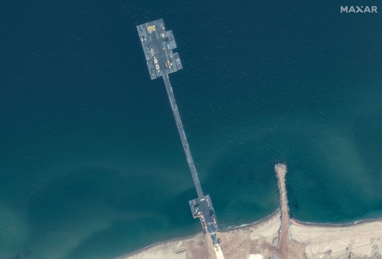 A satellite image shows an overview of trident pier on the Gaza shoreline on May 18.