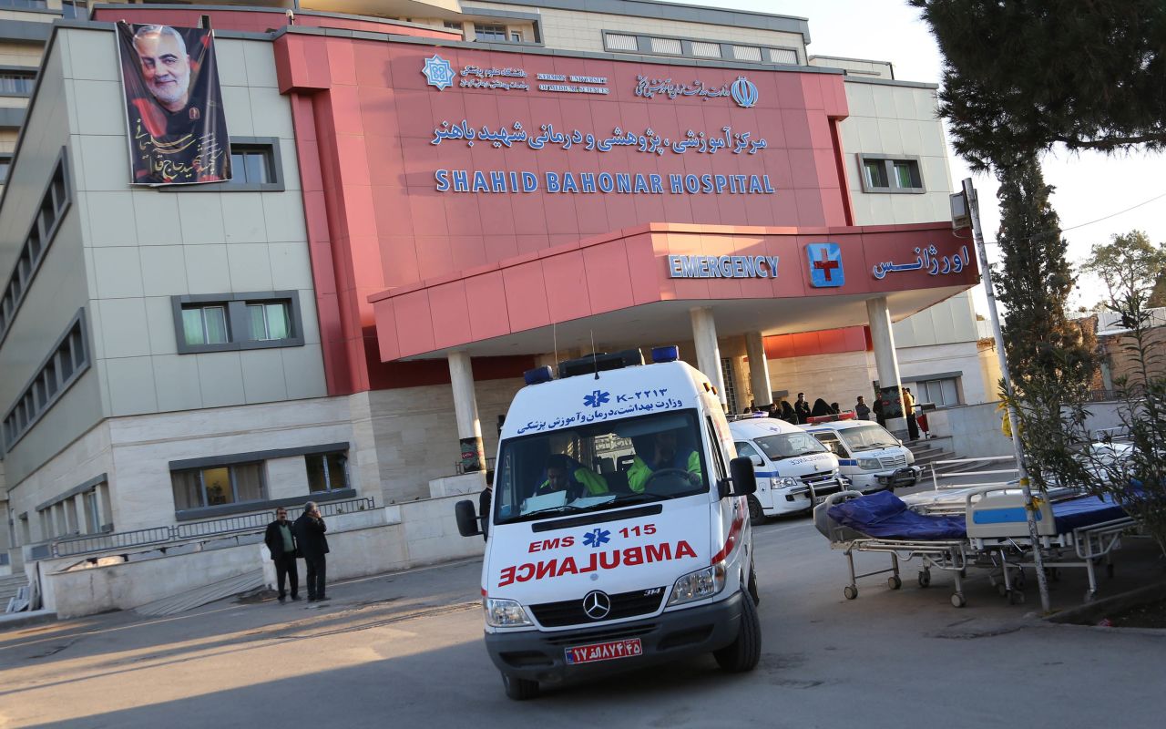 A portrait of Qasem Soleimani hangs on a hospital in Kerman, Iran, where victims are being treated after a stampede broke out during Soleimani's funeral on Tuesday. Credit: Atta Kenare//AFP via Getty Images