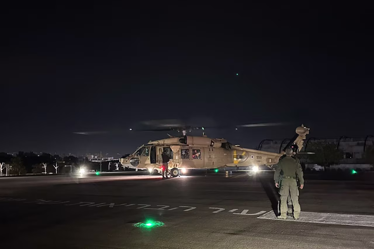 This picture shows an Israeli Air Force helicopter carrying two released hostages, at Sheba Medical Center in Ramat Gan, Israel, on February 12. 