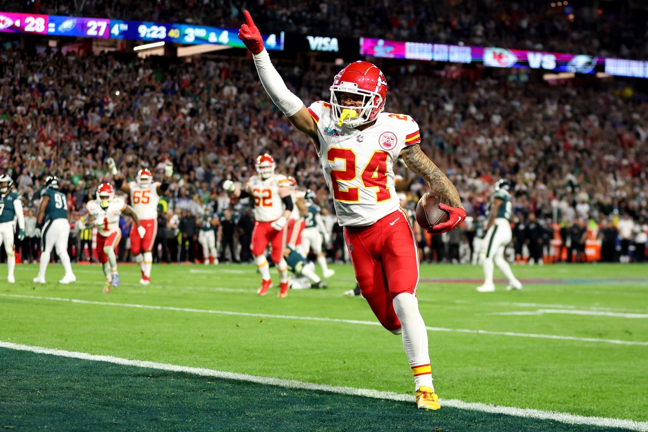Skyy Moore of the Kansas City Chiefs celebrates after scoring on a 4-yard touchdown pass.