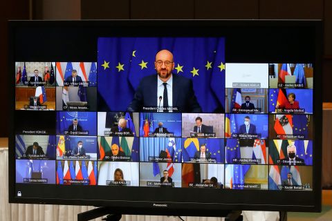 European Council President Charles Michel, top of screen, speaks with European Union leaders during a virtual summit in Brussels, Belgium, on March 25.