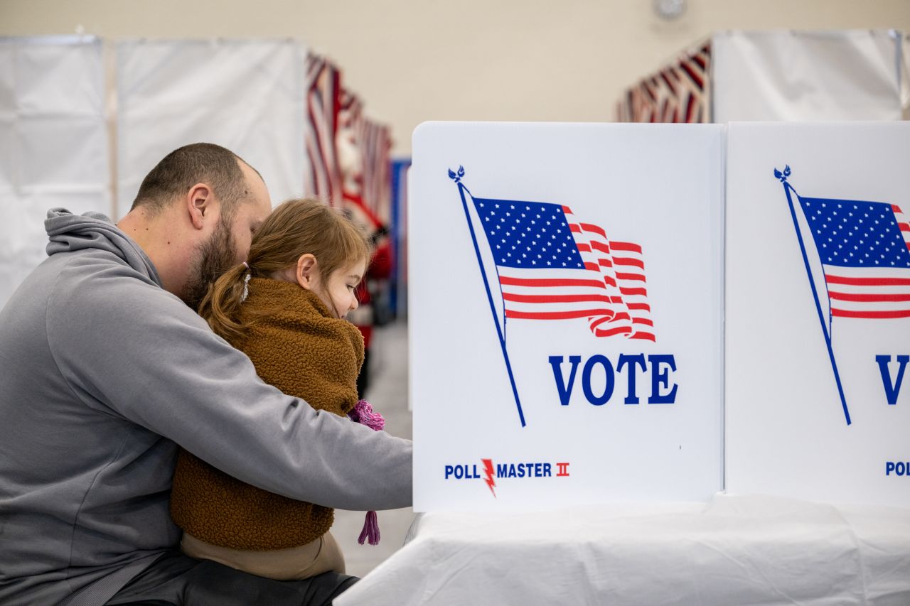 A person casts their ballot in the New Hampshire Primary at Londonderry High School on January 23.
