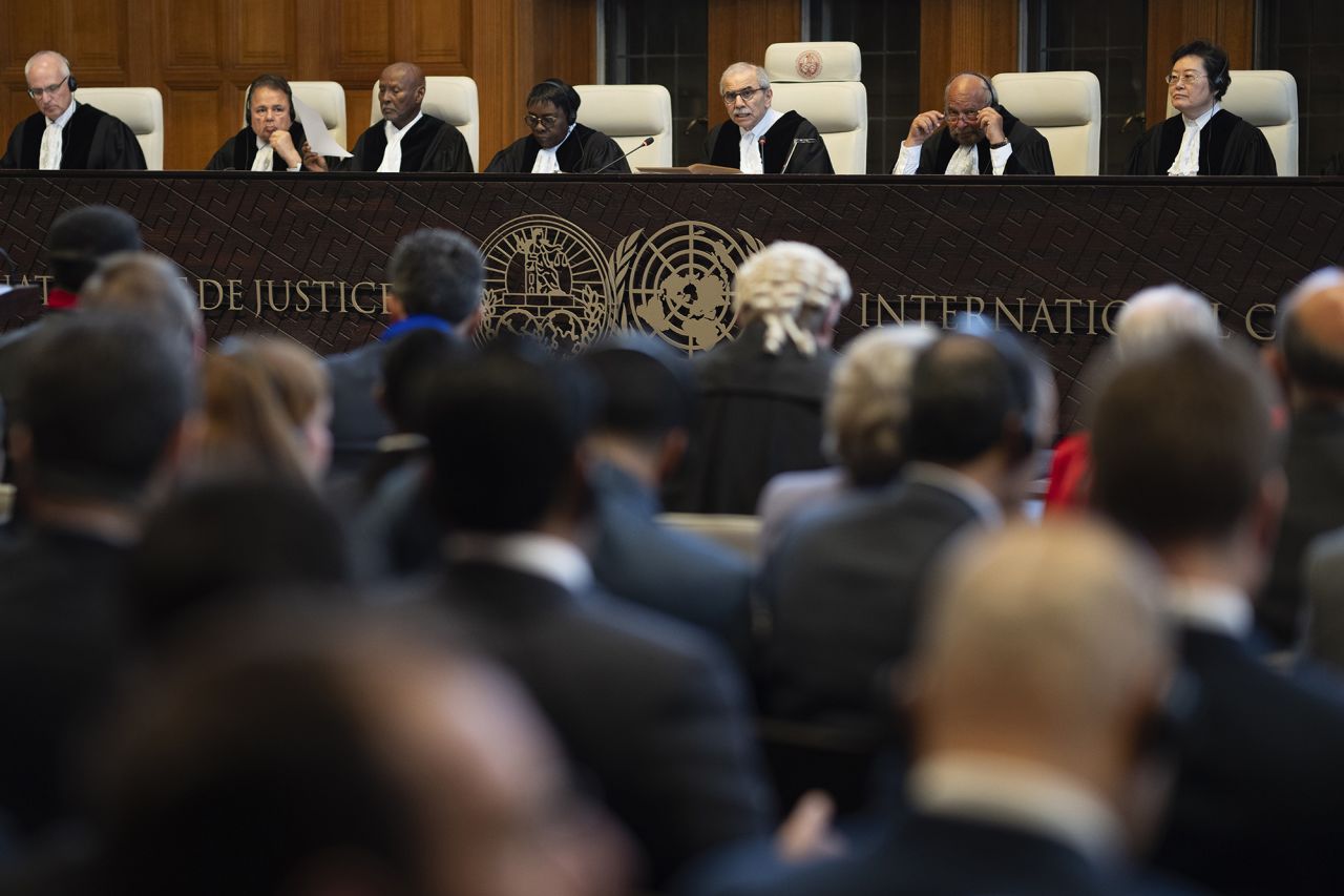 Presiding judge Nawaf Salam, third from right, opens the hearings at the International Court of Justice, in The Hague, Netherlands, on May 16.