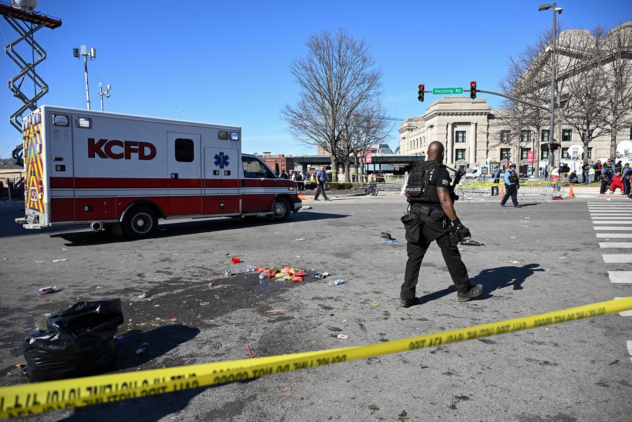 Police respond following a shooting near the Kansas City Chiefs' Super Bowl LVIII victory rally on Wednesday in Kansas City. 