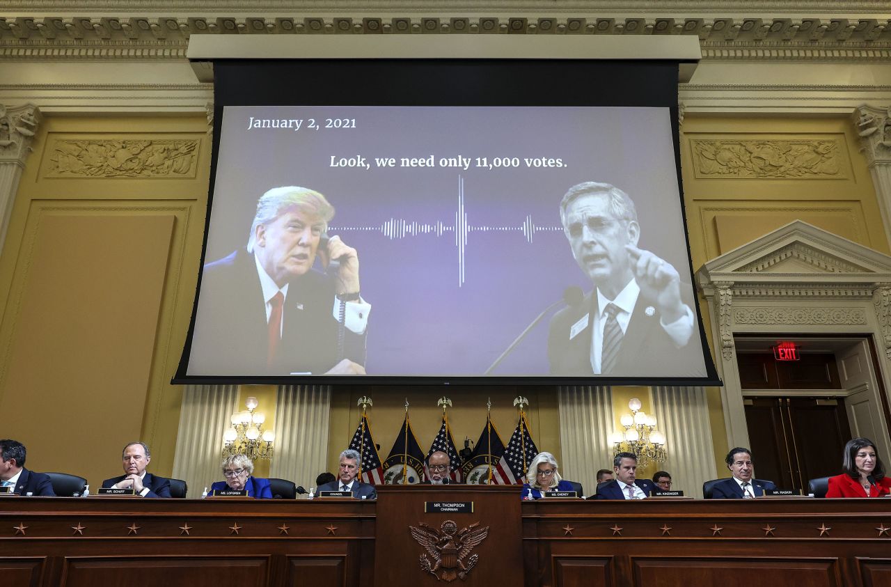 An audio recording of former President Donald Trump talking to Georgia Secretary of State Brad Raffensperger is played during a hearing by the House Select Committee to Investigate the January 6th Attack on the US Capitol in October 2022. 