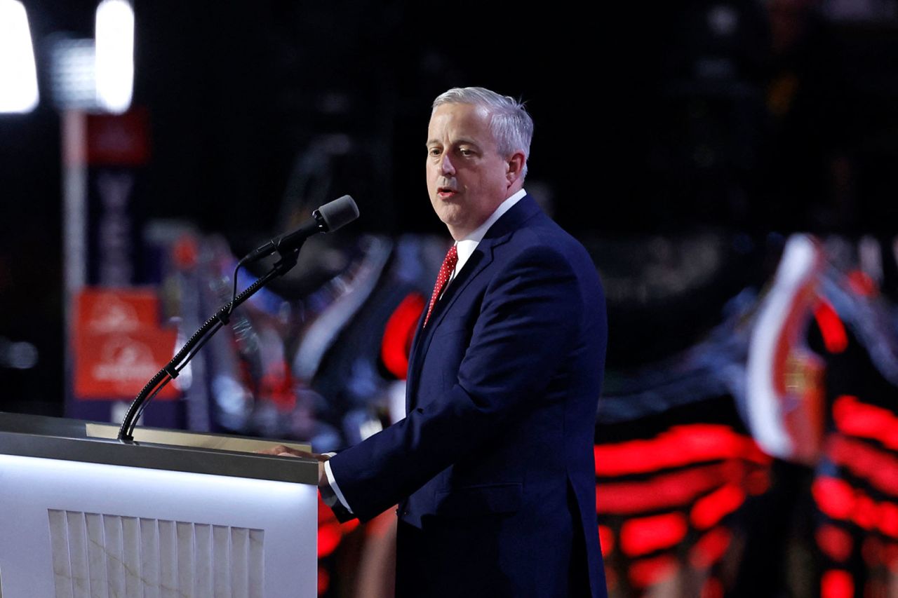 Republican National Committee Chairman Michael Whatley speaks during on stage during the third day of the convention on Wednesday, July 17.