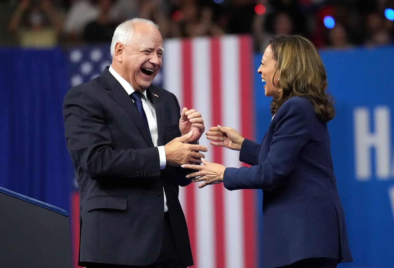 Democratic presidential candidate, Vice President Kamala Harris and Democratic vice presidential candidate Minnesota Gov. Tim Walz appear on stage together on Tuesday, August 6.