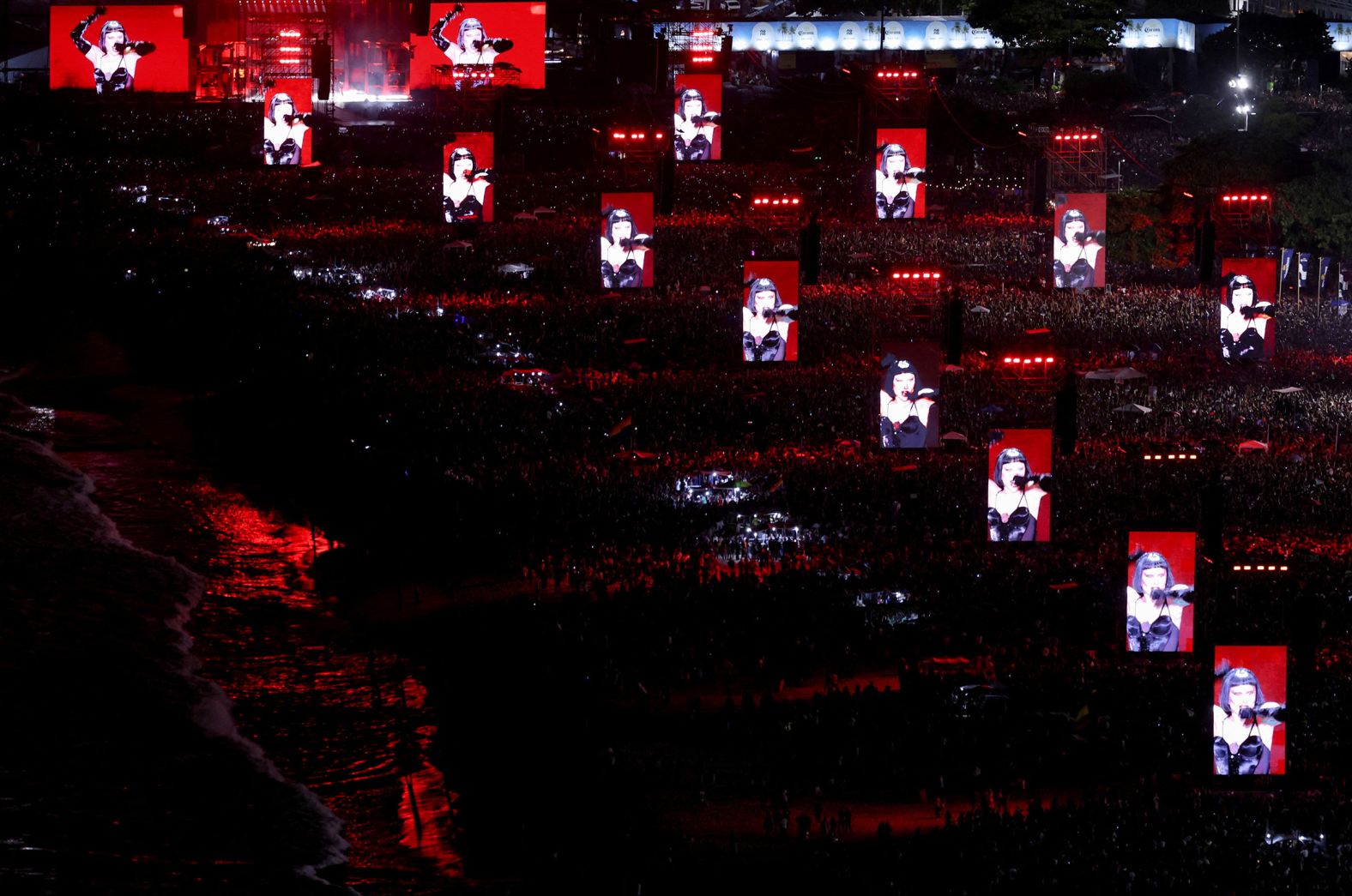 Displays show Lady Gaga performing at a <a href="index.php?page=&url=https%3A%2F%2Fwww.cnn.com%2F2025%2F05%2F04%2Famericas%2Frio-millions-crowd-copacabana-lady-gaga-intl-hnk">free concert on Rio de Janeiro’s Copacabana beach</a> on Saturday, May 3. Organizers estimated that about 2.1 million people attended the concert.