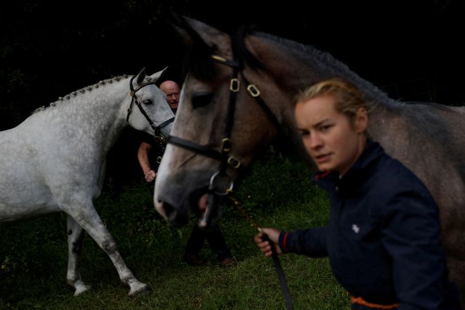 People bring their Irish Draught horses in and out of the parade ring during competition at an agricultural show in Athenry, Ireland, on Sunday, May 25.