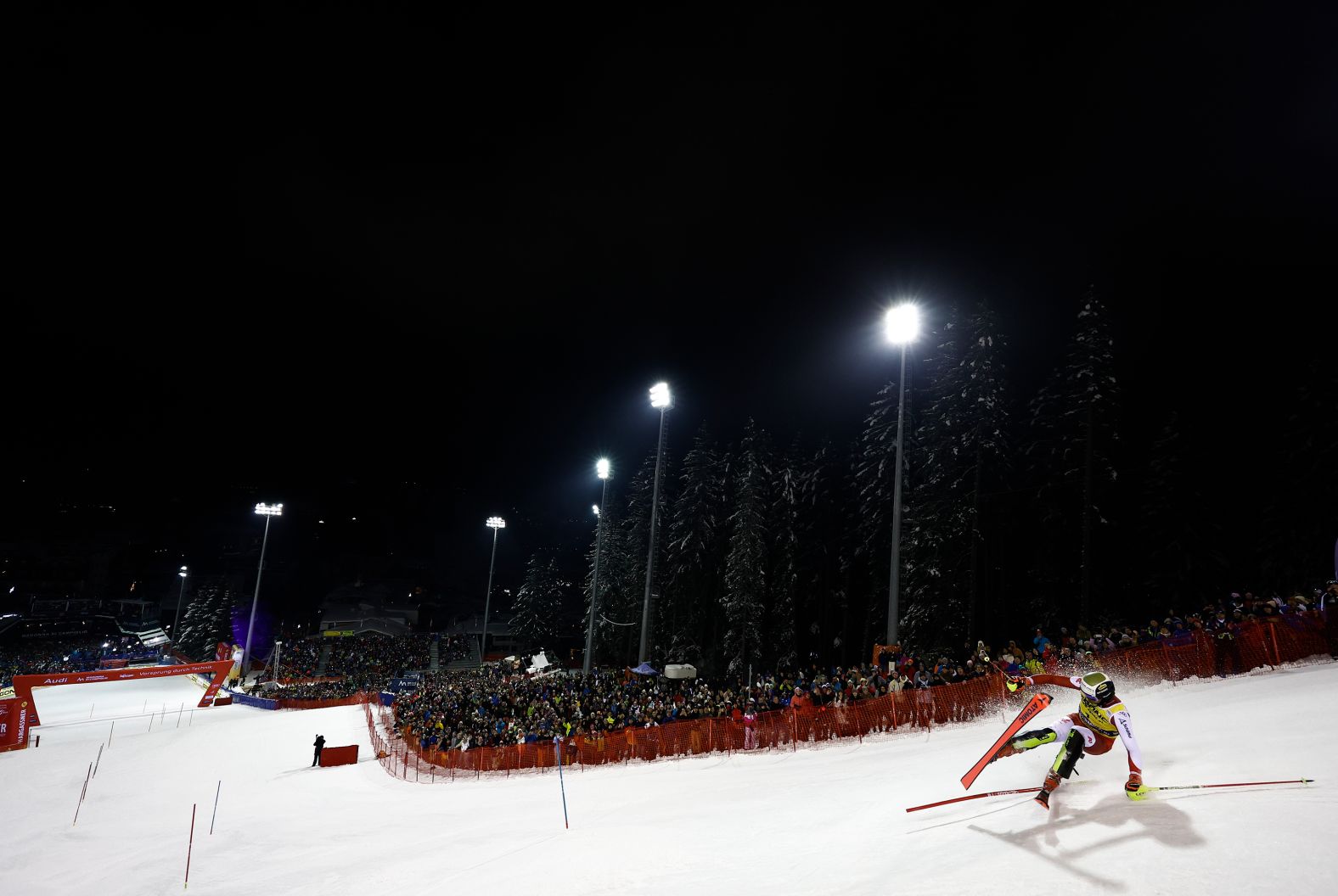 Austrian skier Manuel Feller loses his balance during a World Cup slalom event in Madonna di Campiglio, Italy, on Wednesday, January 8.