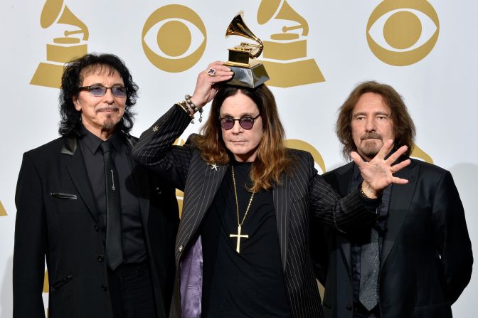 Osbourne poses with a Grammy Award on his head after Black Sabbath won for best metal performance (“God is Dead?”) in 2014.