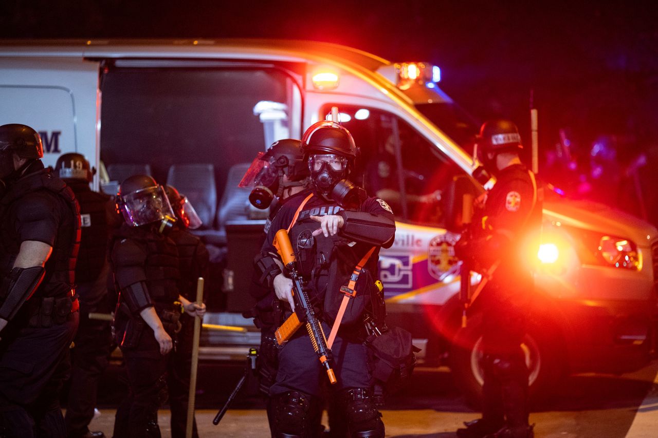 Police monitor protests on May 29 in Louisville, Kentucky.