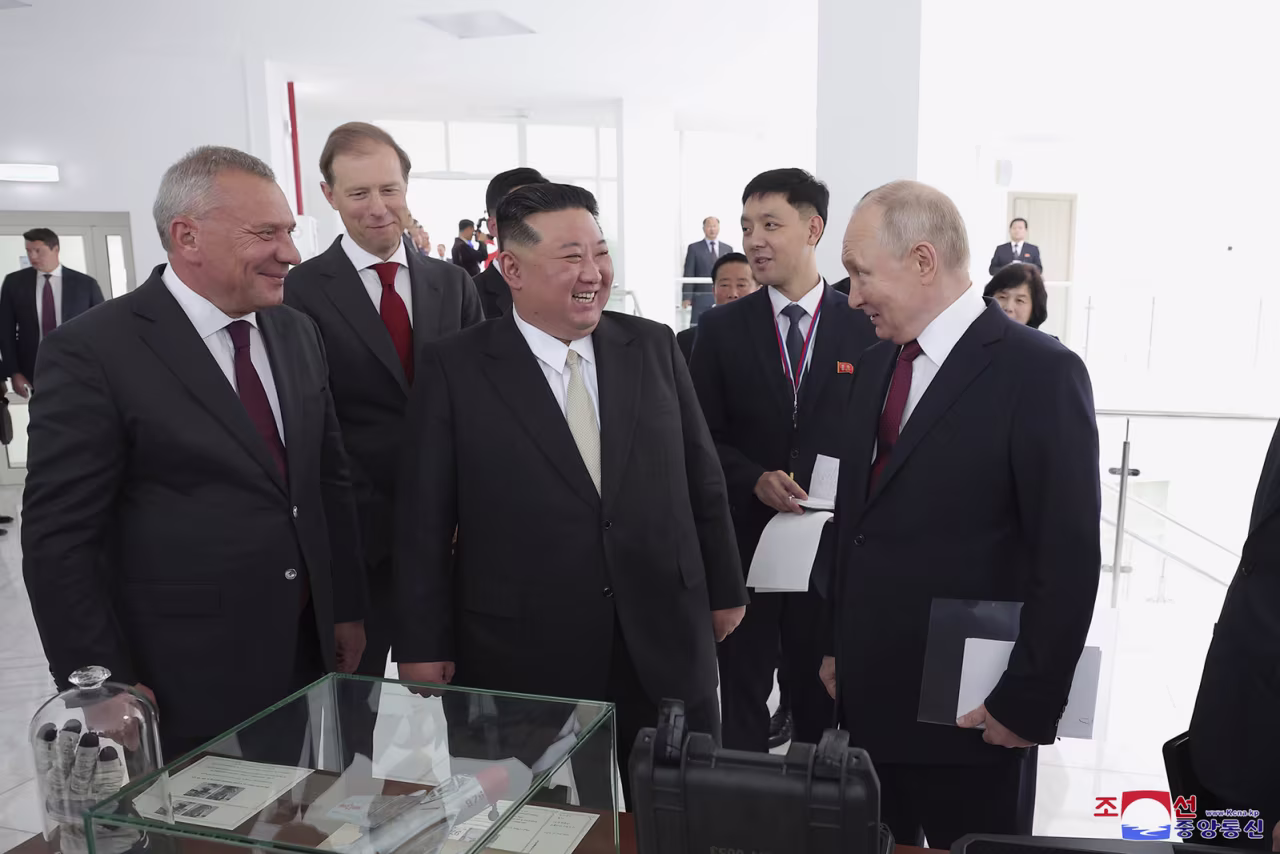 Russian President Vladimir Putin, right, and North Korean leader Kim Jong Un visit the Vostochny cosmodrome in Russia, on September 13.