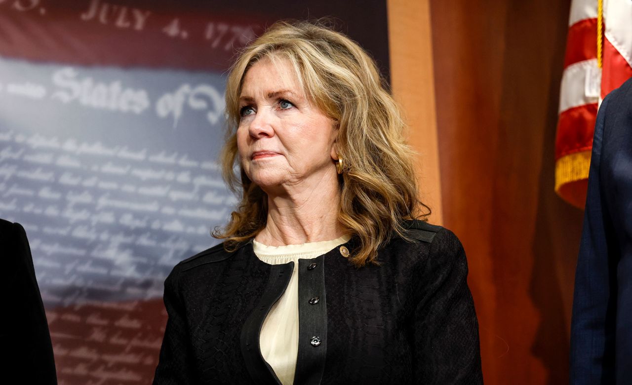 Sen. Marsha Blackburn listens during a press conference on border security at the US Capitol Building on September 27, in Washington, DC. 