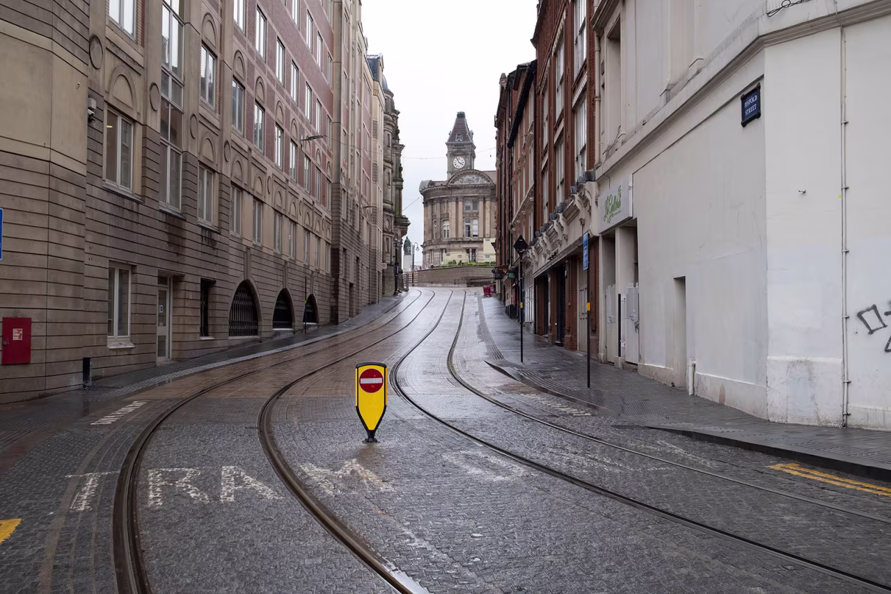 An empty street in Birmingham, England.