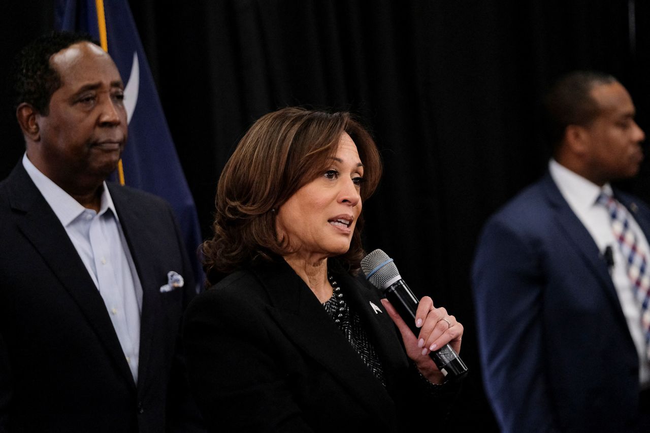 Vice President Kamala Harris speaks in Columbia, South Carolina, on Monday.