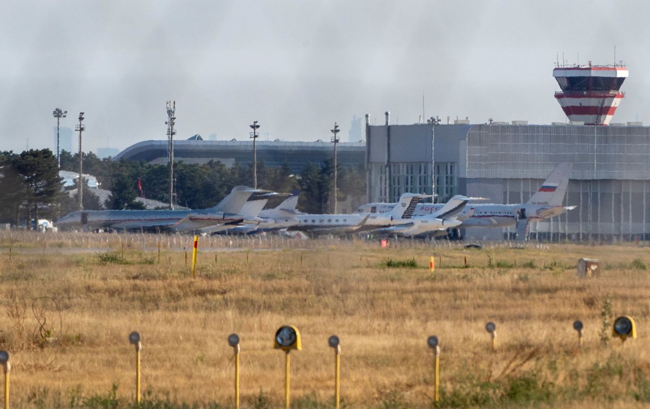 A Russian government plane and other jets are seen on the tarmac at Esenboga Airport in Ankara, Turkey, on Thursday, August 1.