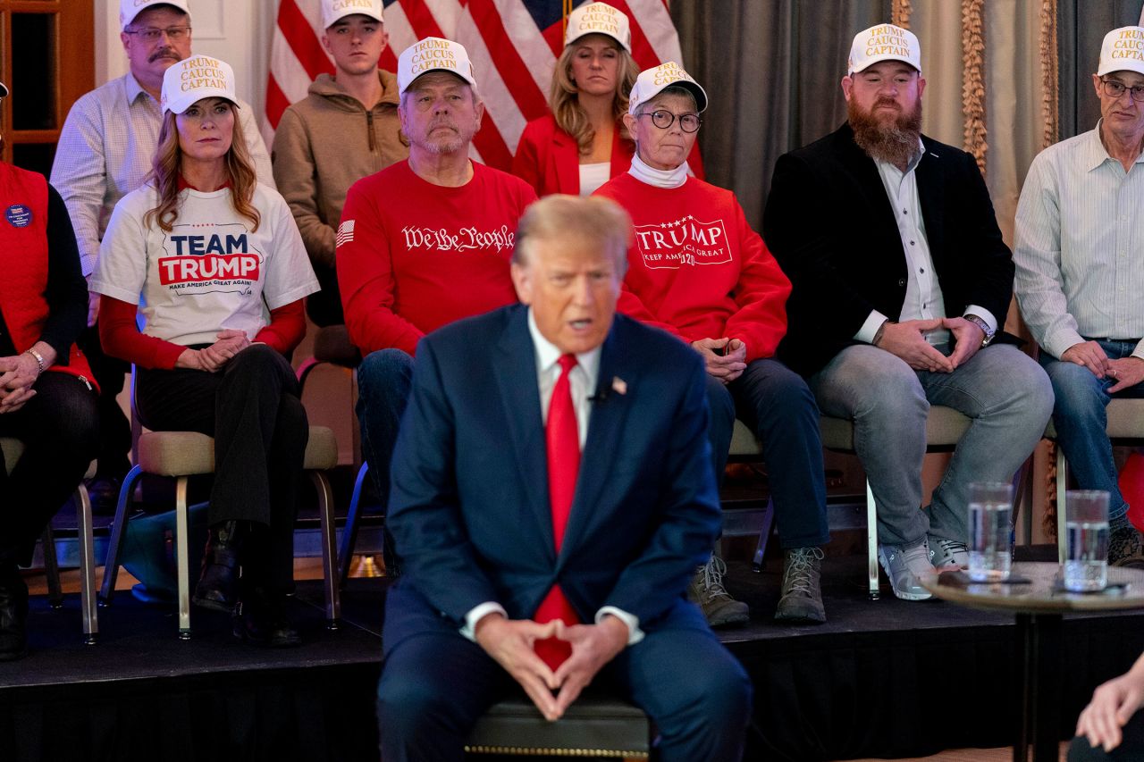 Republican presidential candidate former President Donald Trump participates in a virtual rally at Hotel Fort Des Moines in Des Moines, Iowa, on Saturday.