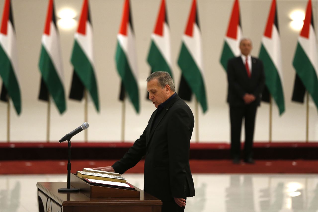 Nabil Abu Rudeineh is sworn in as a deputy Prime Minister and Minister of Information for the Palestinian Authority, in the Israeli-occupied West Bank town of Ramallah, on April 13, 2019.