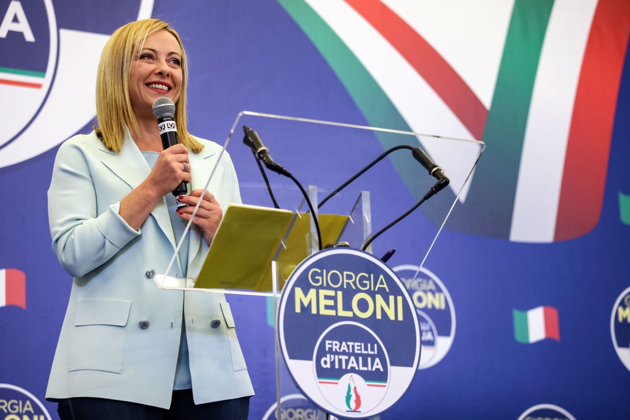 Giorgia Meloni, leader of the Brothers of Italy party, speaks at the party's general election night event in Rome, Italy, on Monday.