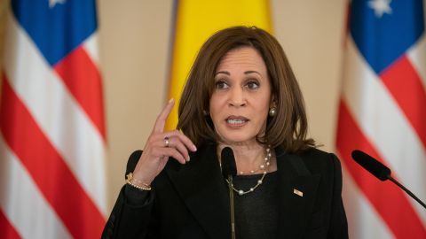 US Vice President Kamala Harris speaks during a news conference in Bucharest, Romania on March 11. 