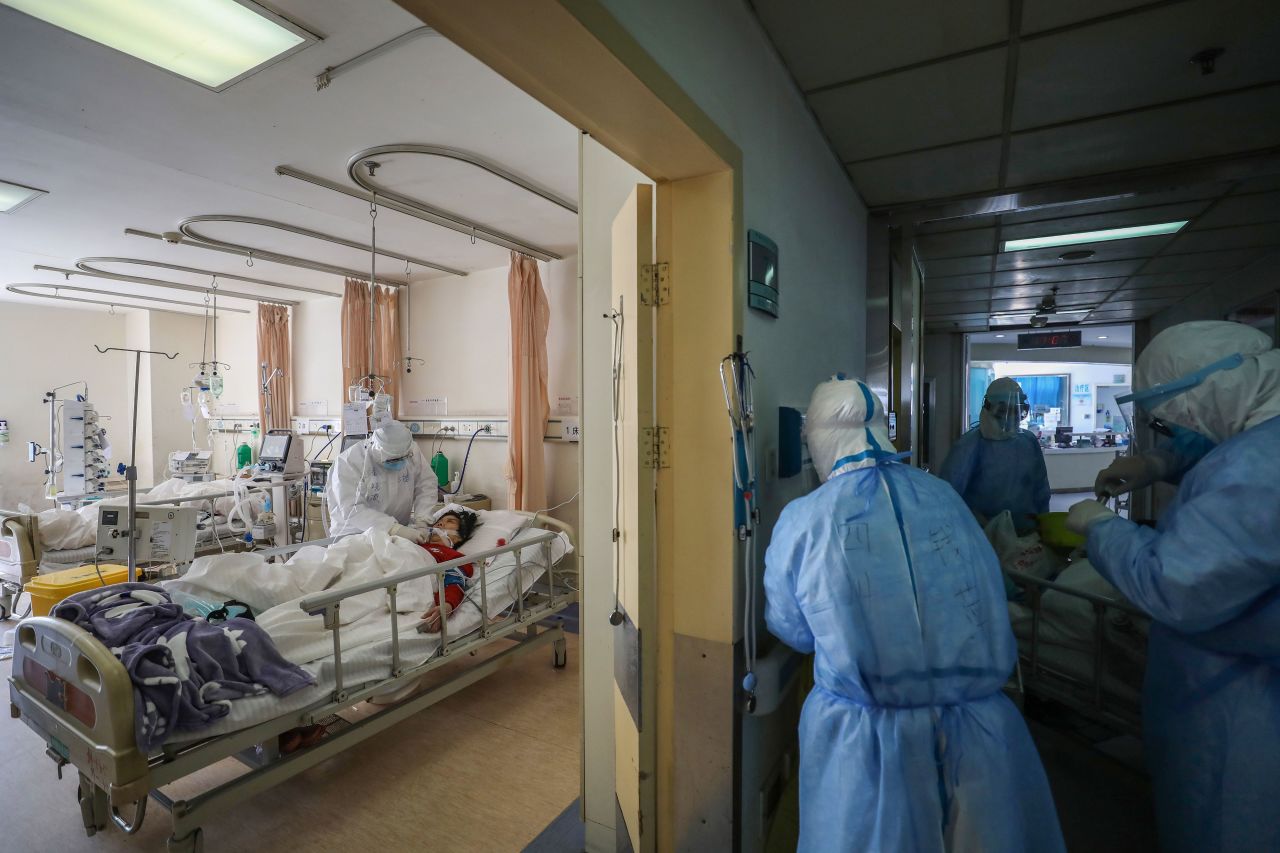 Medical staff members working at the isolation ward of the Wuhan Red Cross Hospital in Wuhan in China's central Hubei province. 