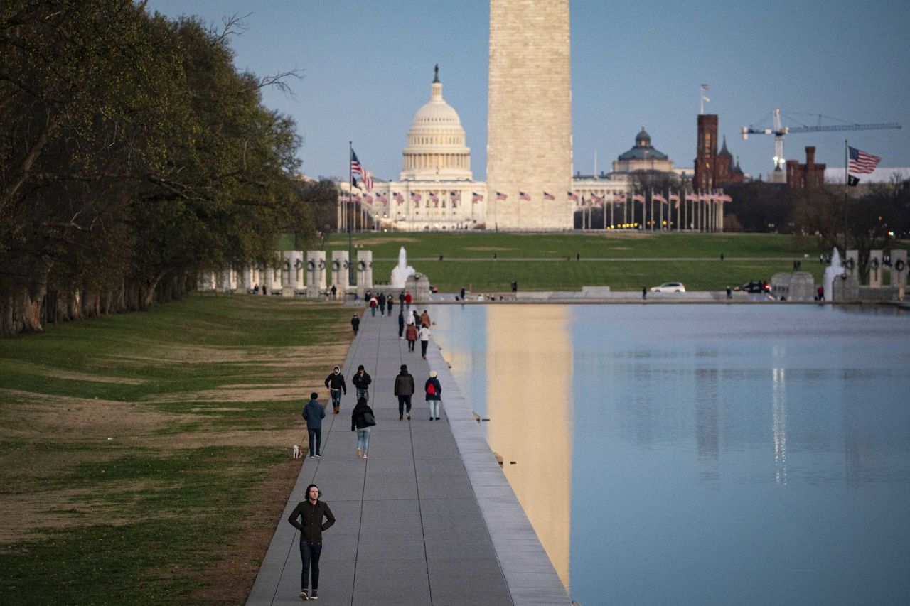 The U.S. Capitol and Washington Monument are pictured as people walk along the Reflecting Pool on the National Mall, on December 6, in Washington, DC.