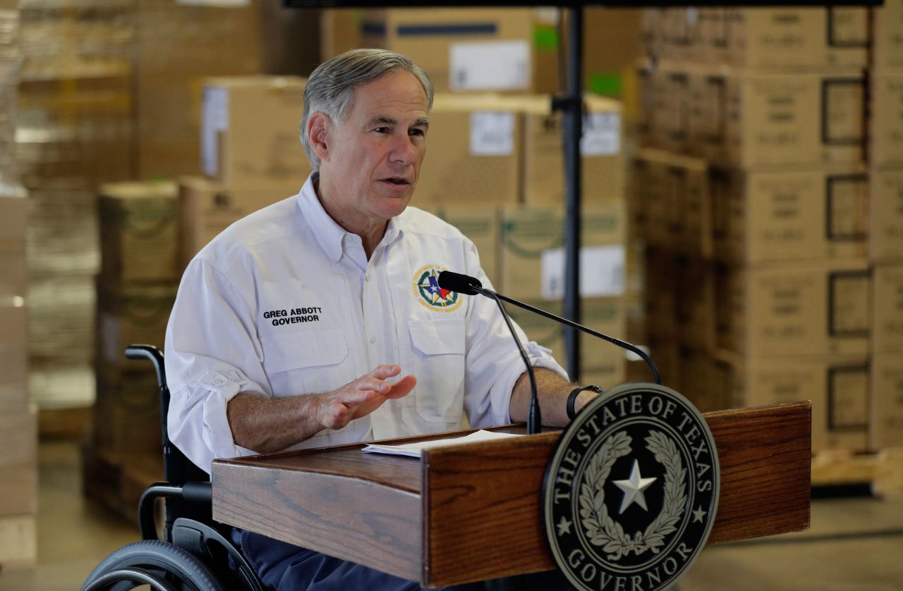 Gov. Greg Abbott gives an update on the coronavirus outbreak at the Texas Department of Public Safety warehouse facility in Austin, Texas on April 6.