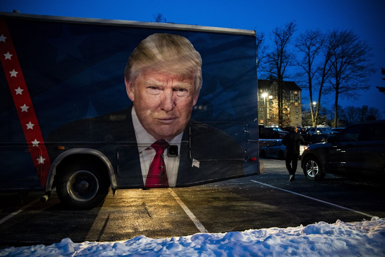 A picture of Trump is seen on a supporter’s vehicle outside the former president’s watch party in Nashua.