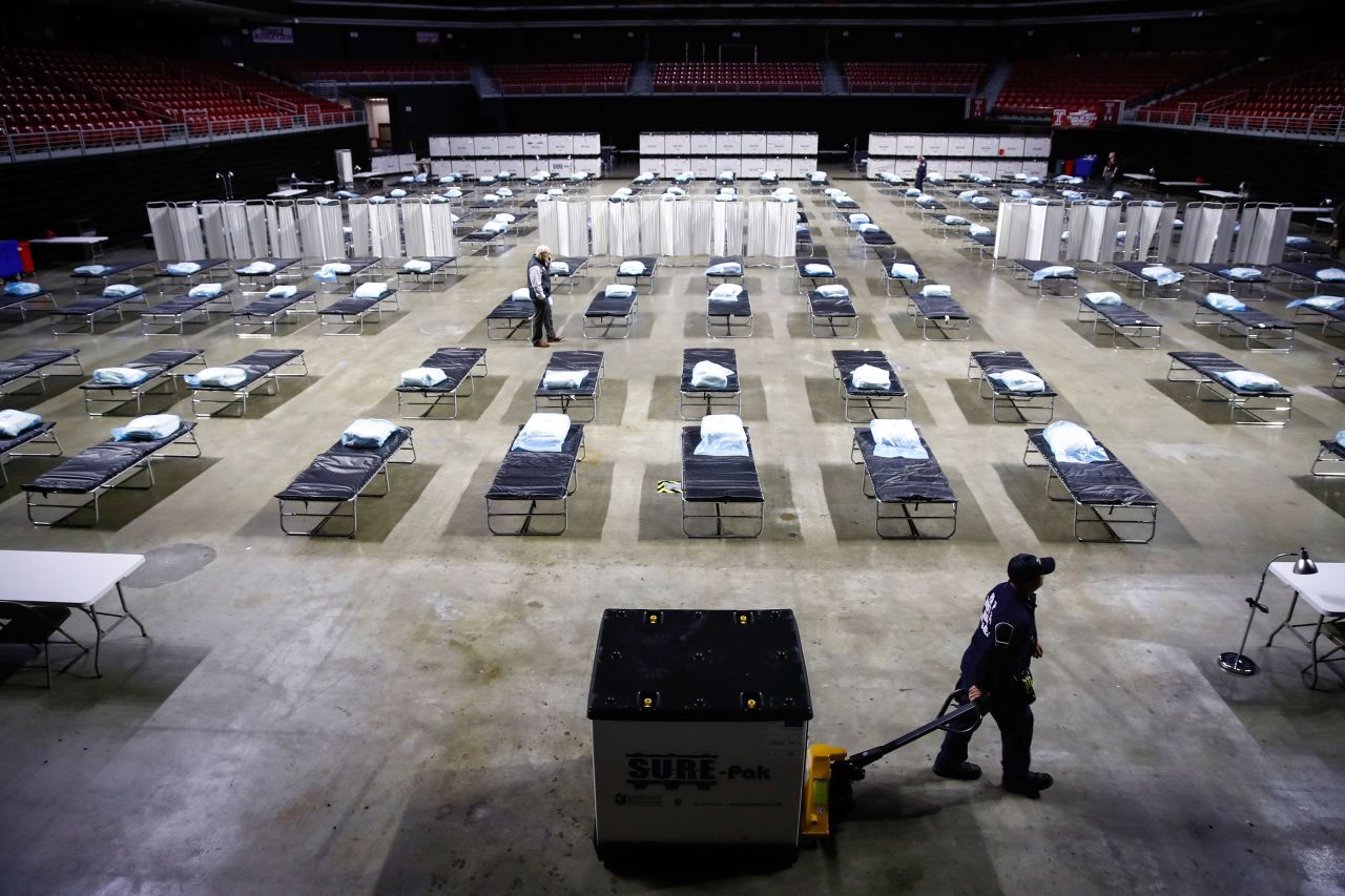 A temporary hospital is set up at Temple University's Liacouras Center in Philadelphia on March 30.