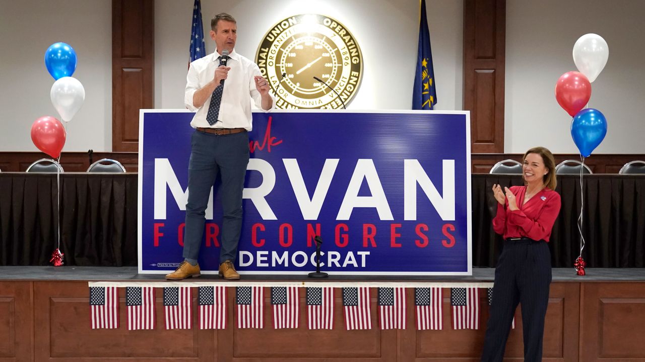 US Rep. Frank Mrvan is joined by his wife, Jane, as he talks to supporters in Merrillville, Indiana, on Tuesday night.