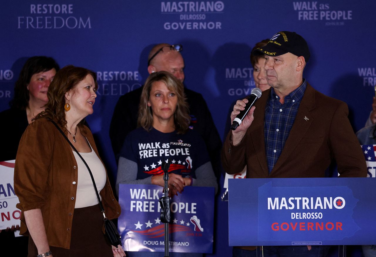 Doug Mastriano speaks onstage during an election night party in Harrisburg, Pennsylvania, on November 8. 