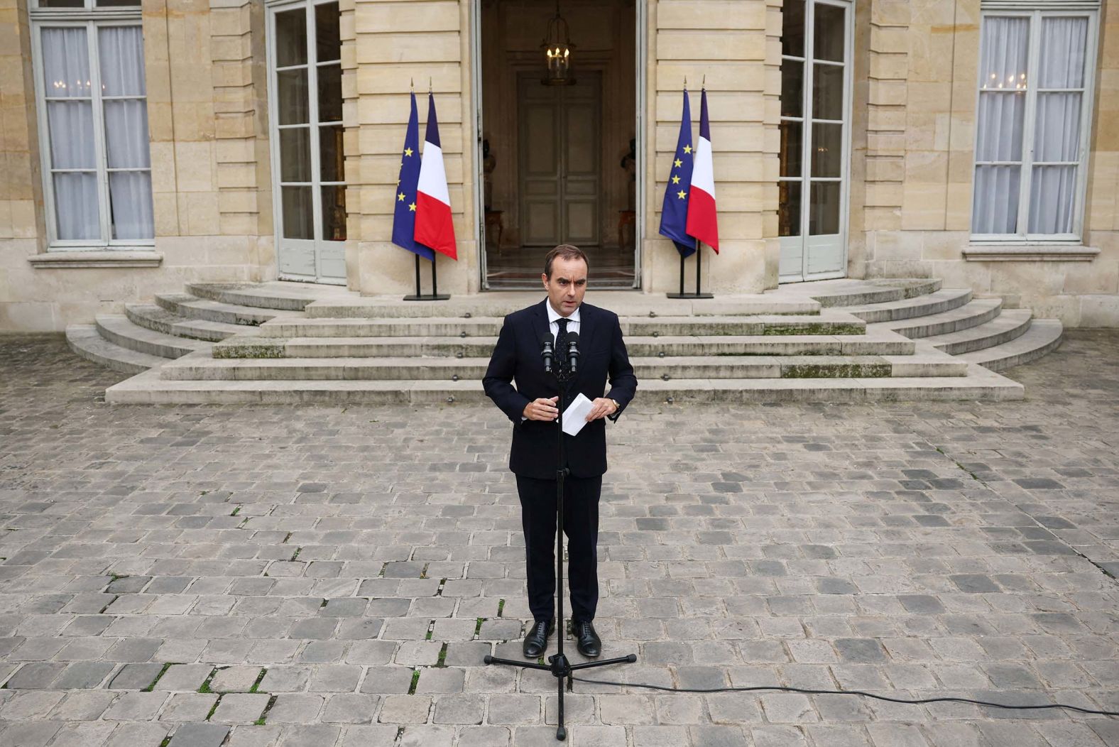 Outgoing French Prime Minister Sebastien Lecornu delivers a statement outside a hotel in Paris on Monday, October 6. Lecornu, a key ally of embattled French President Emmanuel Macron, <a href="index.php?page=&url=https%3A%2F%2Fwww.cnn.com%2F2025%2F10%2F06%2Feurope%2Ffrance-prime-minister-sebastien-lecornu-resigns-intl">resigned Monday</a> just hours after he unveiled his new cabinet. The shock move plunged the country further into political crisis.