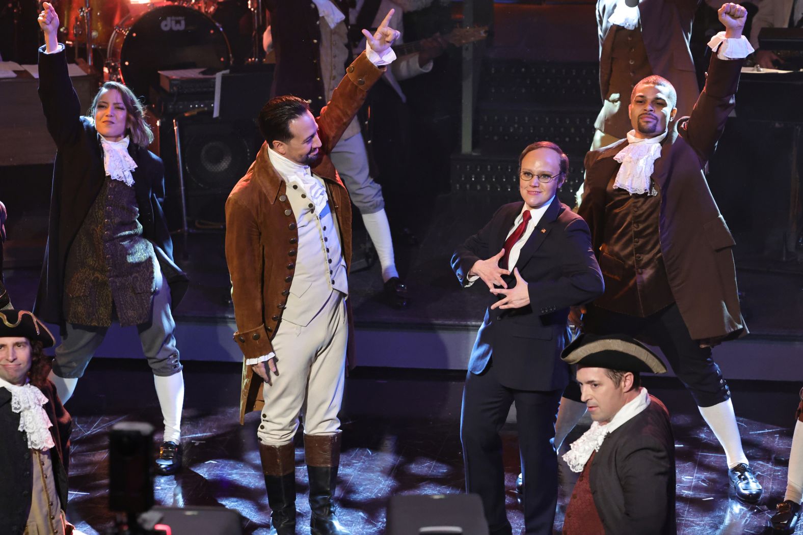 Miranda performs with Kate McKinnon, playing Rudy Giuliani, during the "Saturday Night Live" 50th anniversary special in February 2025.