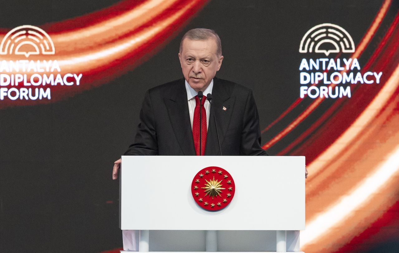 Turkish President Recep Tayyip Erdogan makes statements as he attends the Antalya Diplomacy Forum (ADF) at NEST Congress and Exhibition Center in Antalya, Turkey, on March 1.