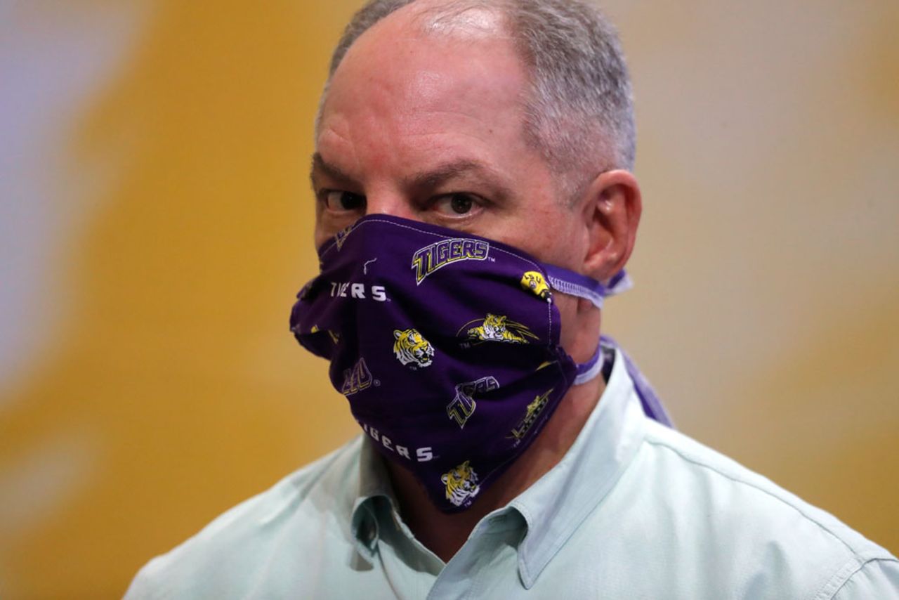 Louisiana Gov. John Bel Edwards wears a face mask as he visits a production site on the LSU campus in Baton Rouge, Louisiana, where the school is manufacturing personal protection equipment for hospitals in response to the coronavirus pandemic Friday, April 17.