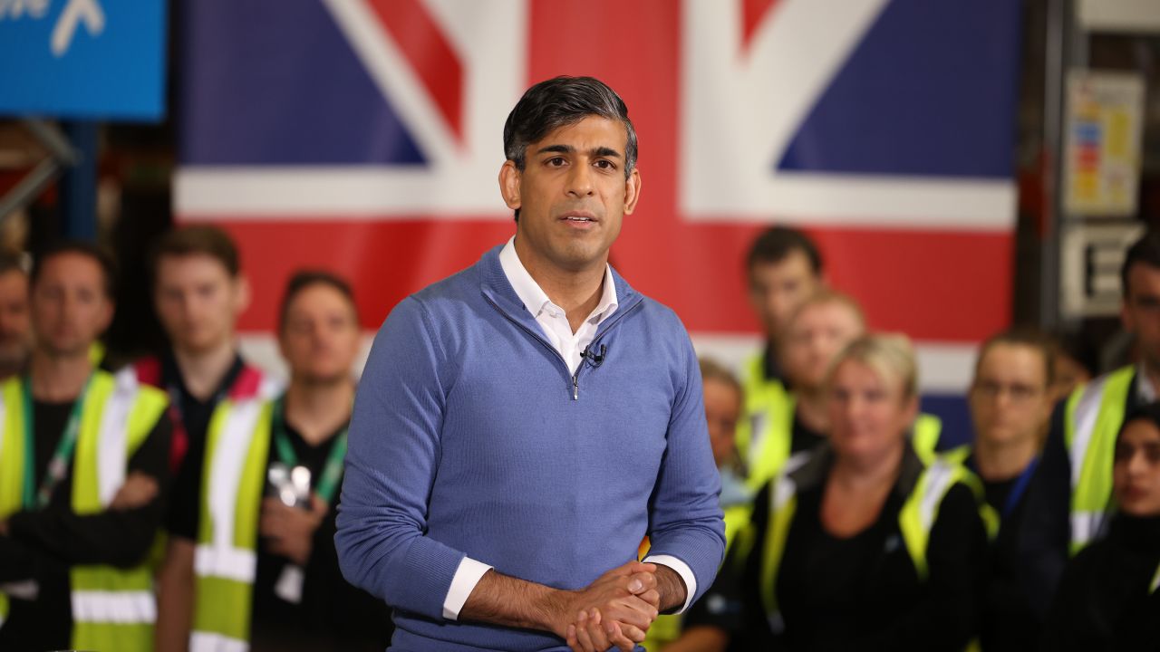 British Prime Minister Rishi Sunak speaks during a campaign visit to Stoke, England, on July 1. 